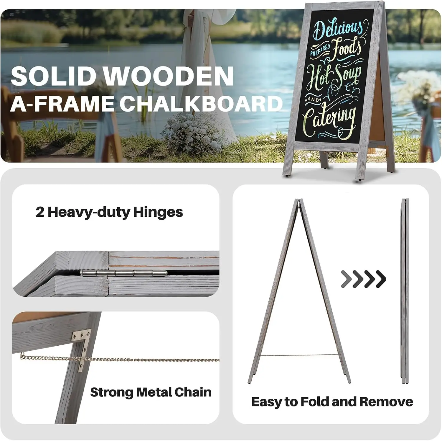 Solid Pine Wood A Frame Chalkboard Sign, Double Sided Magnetic Sidewalk Message Display Easel, Freestanding Sandwich Board With Liquid Markers Magnets And Cleaning Cloth For Restaurants Cafes Weddings, Grey