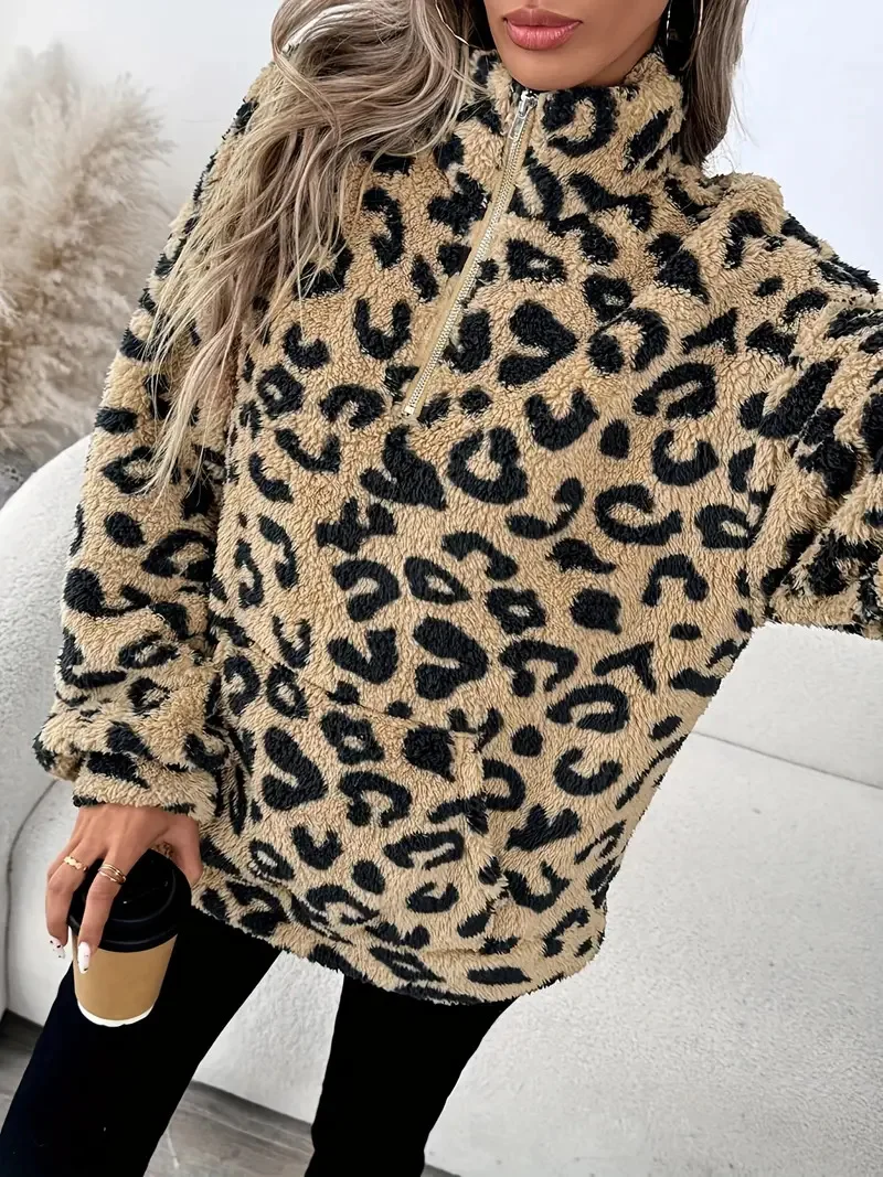 Fashion Leopard Print Sweatshirt For Women Autumn Winter New Casual Warm Plush Long Sleeve Stand Collar Zipper Pocket Top