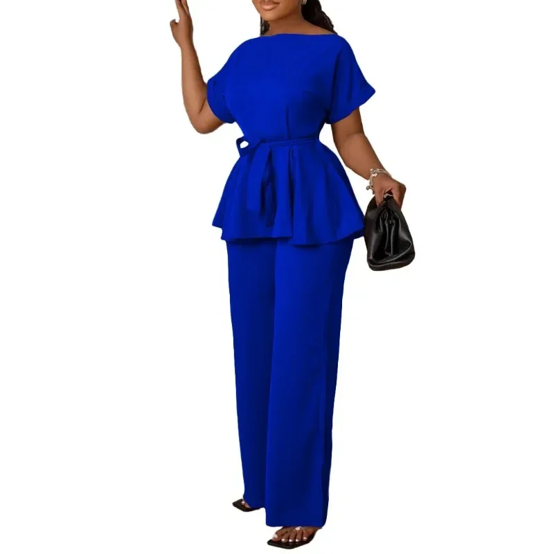 2 Piece African Clothes for Women Summer Elegant Short Sleeve Blue Red White Black Top Long Pant Matching Sets Africa Clothing image 2