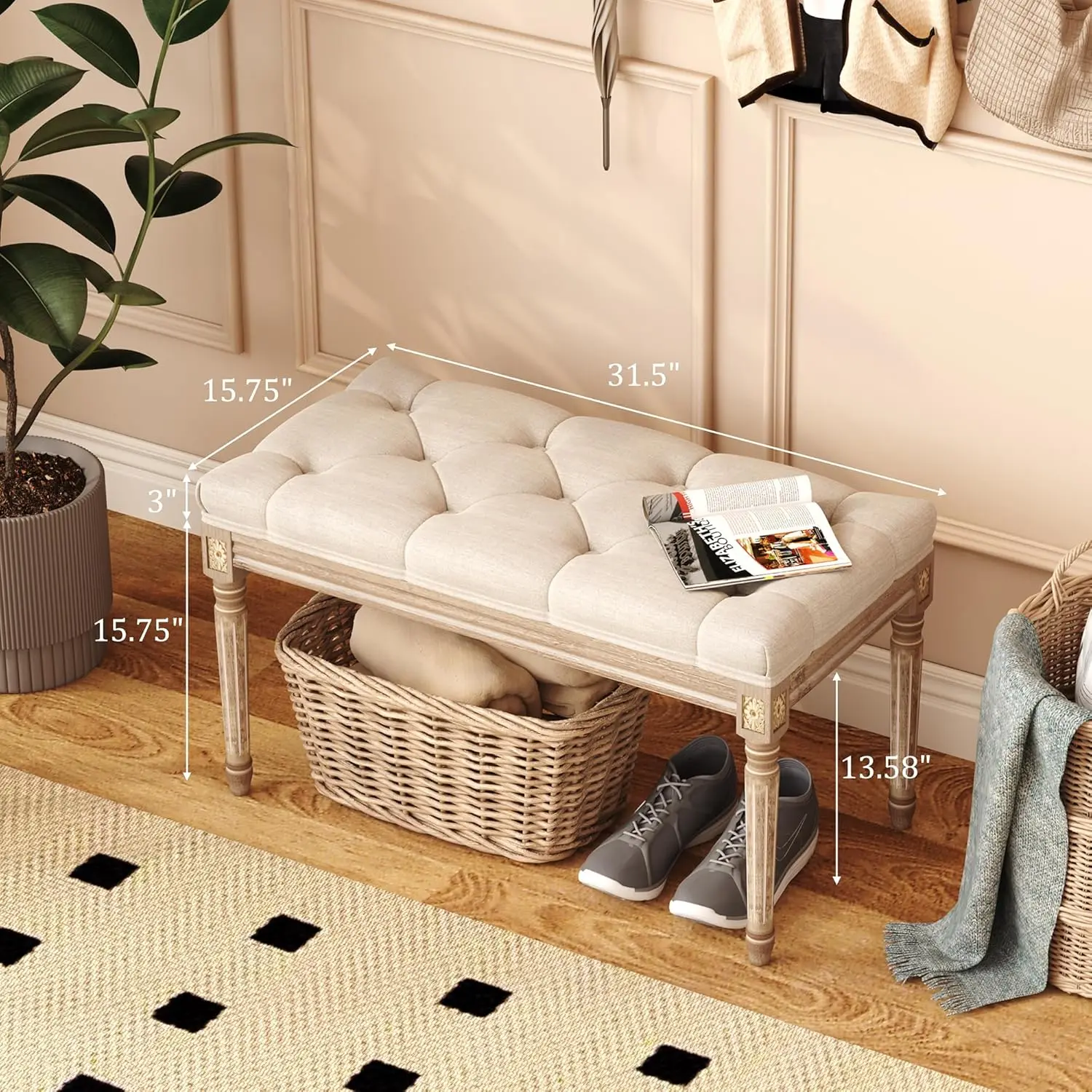 

Yusong Upholstered Bench,Bedroom Bench For End Of Bed,Piano Bench Dining Bench Entryway Shoe Bench With Button Tufted Padded