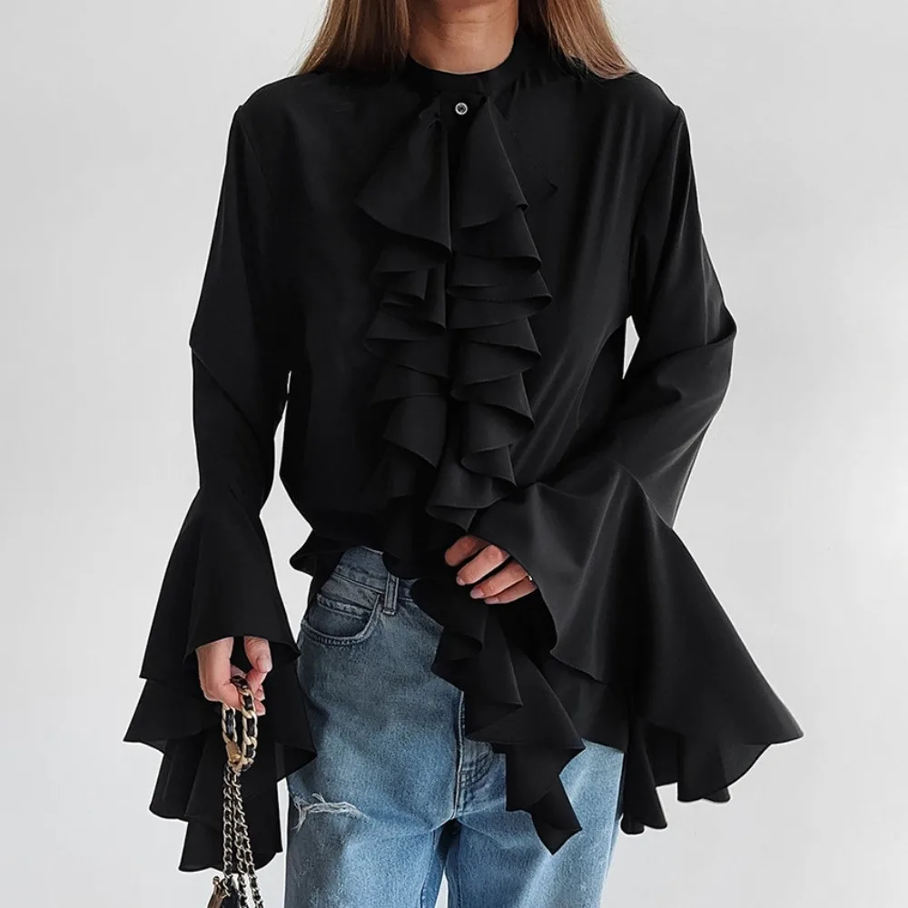 2025 Elegant Ladies Chiffon Shirt Top Fashion O-Neck Trumpet Sleeve Ruffled Single-Breasted Loose Casual Solid Color Top  Blouse