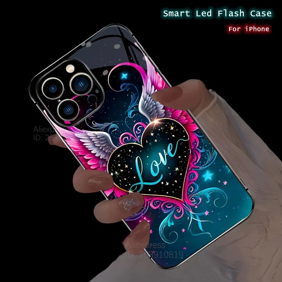 

3D Love Heart Glass Phone Case Glowing For iPhone 16 15 13 12 11 14 Pro Max 16E X XR XS 16 Plus Cute Led Flash Back Cover