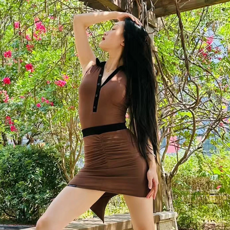 Mouwloze Latin Danskleding Vrouwen Dansen Oefenkleding Zwart Bruin Tops Sexy Wrap Hippe Rok Rumba Cha Cha Dans Jurk