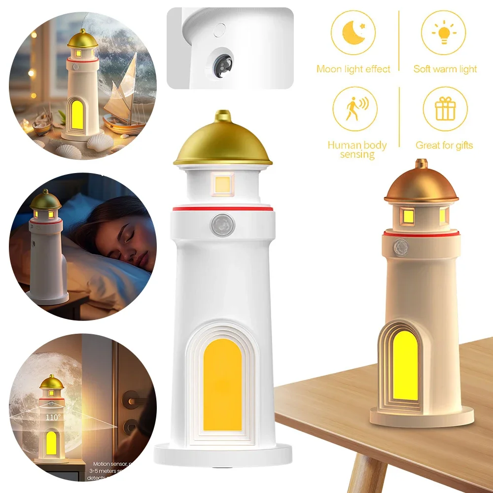 Motion Sensor Lighthouse Moon Projector Night Light, Wireless Portable Rechargable LED Aesthetic Table Lamps for Bedroom Decor