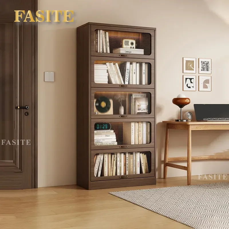 For Solid Wood Bookcase with Glass Door Dustproof Floor to Ceiling Bookshelf Antique Style Storage Cabinet for Living Room