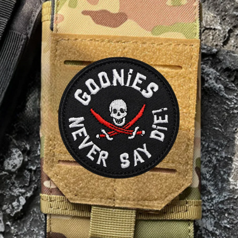 Goonies Never Say Diei Embroidered Patches for Clothing Skull Tactical Morale Badge ARMY Military Hook and Loop Backpack Sticker