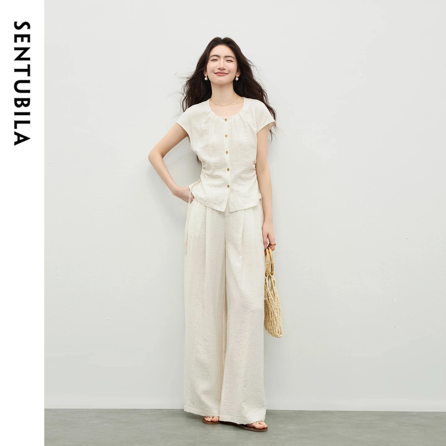 

SENTUBILA Women's Office Set 2026 Summer New Color Contrast Button Shirred Drawstring Slim Top Straight Pant Two-Piece 162ZK6231