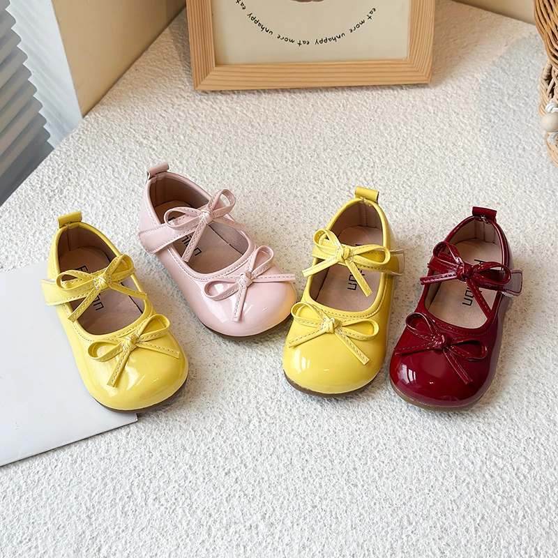 Autumn Girl's Princess Shoes Bowknot Glossy Pu Leather Sweet Kid's Flat Shoe Candy Color Anti-slip Lovely Trendy Children Shoe