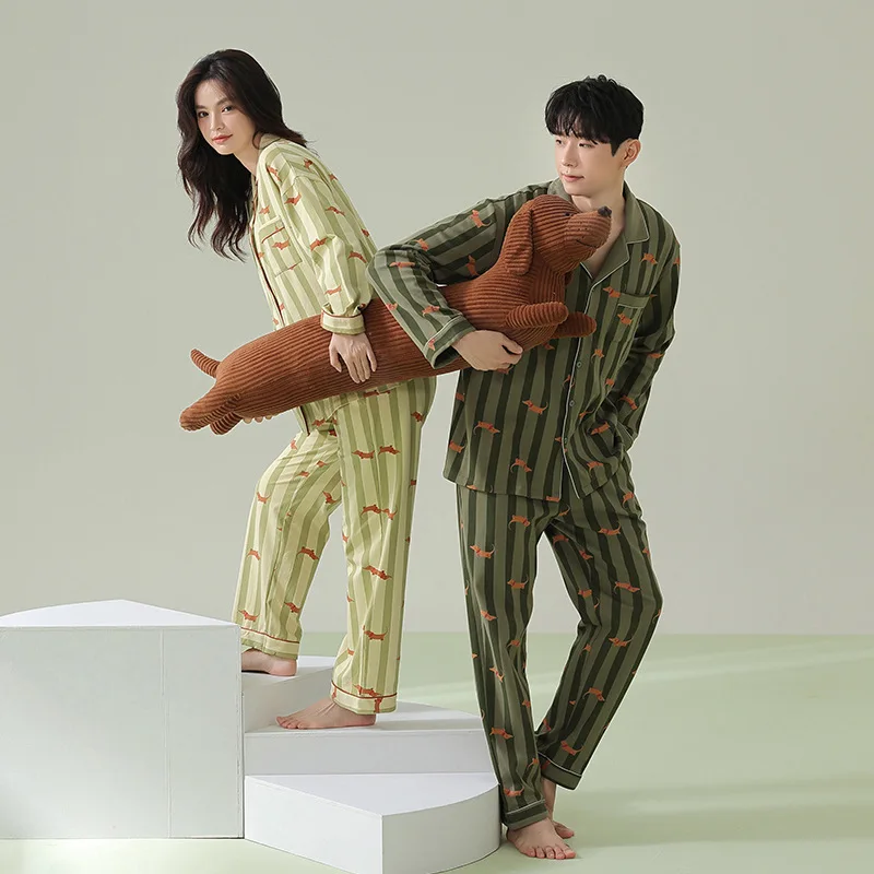 Fall Winter 2023 Cotton Women's Pajama Set Dachshund Print Two Pieces Long Sleeve Tops Full Length Pants Elastic Waist Men's