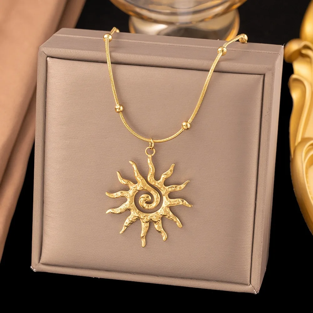 Fashion Vintage Chic Sun Shaped Pendant Necklace Stainless Steel Earrings Statement Golden Fashion Jewlery Accessories Gift image 2