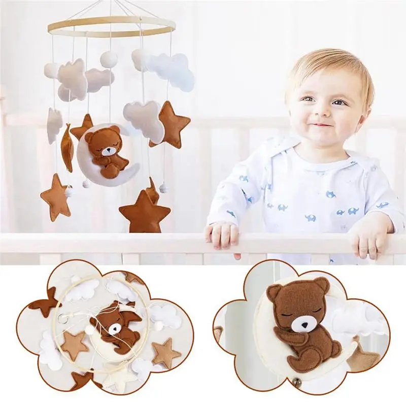 B84B Baby Crib Mobile Wooden Star for Moon for Bear Decoration for Newborn Boys Girls Bed Bell Hanging for Felt Nursery Decor