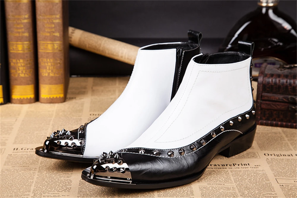 

Black White Rivet With Metal Zipper Genuine Leather High Heels Pointed Toe Boots Male Plus Size Fashion Party Wedding Dress Shoe