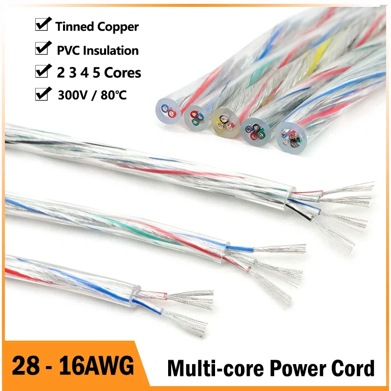 1/5/10m 28/26/24/22/20/18/16AWG Multi core Power Cord  2 3 4 5Cores PVC Insulation Tinned Copper Cable LED Light Electronic Wire