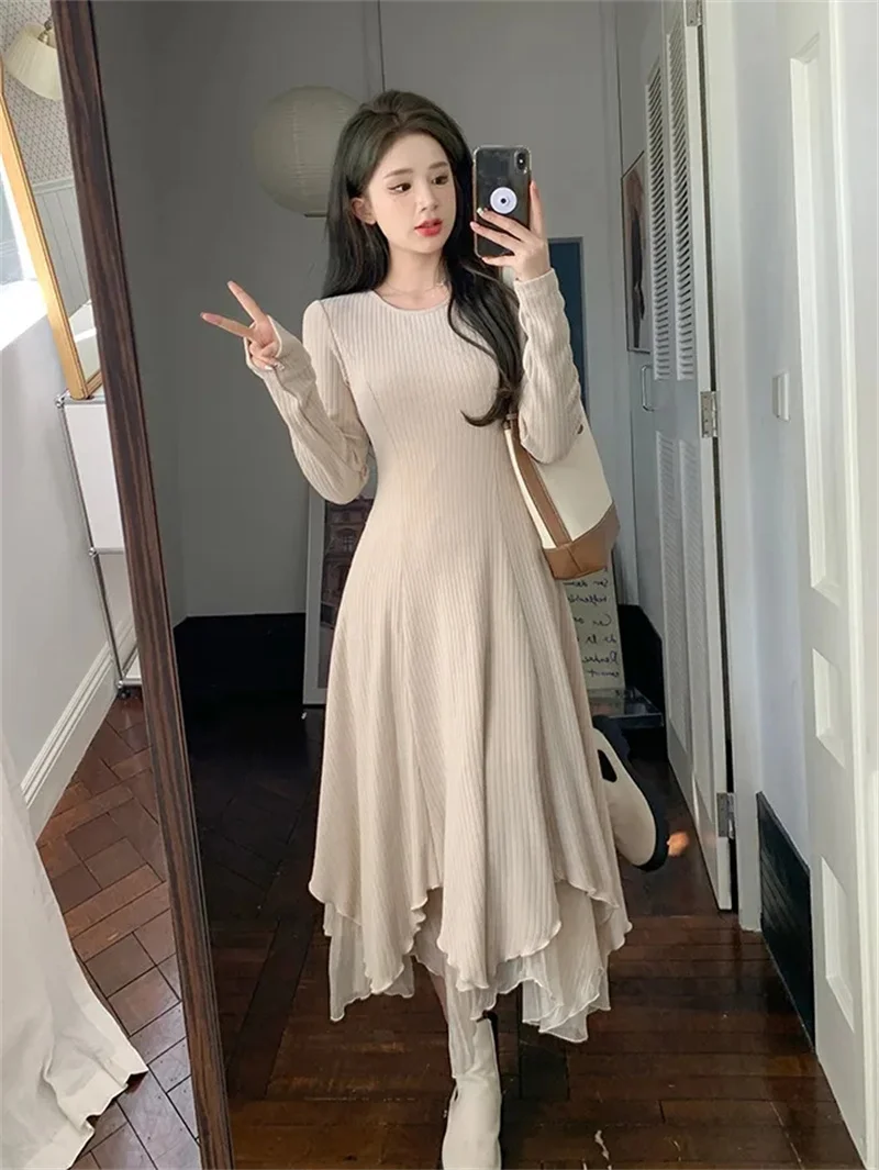 Women's 2024 New Design Irregular Mesh Splicing Long Skirt Covering Meat and Showing Weight Long Sleeve Knitted Dress for Women