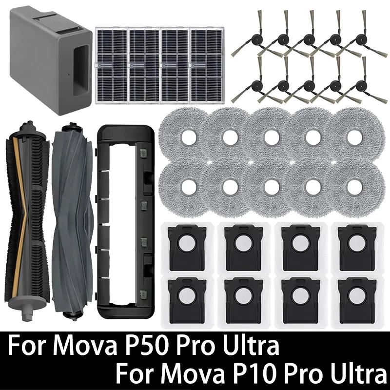 For Mova P50 Pro Ultra / Mova P10 Pro Ultra Robot Vacuum Spare Parts Main Side Brush Hepa Filter Mop Cloth Dust Bag Accessories — For