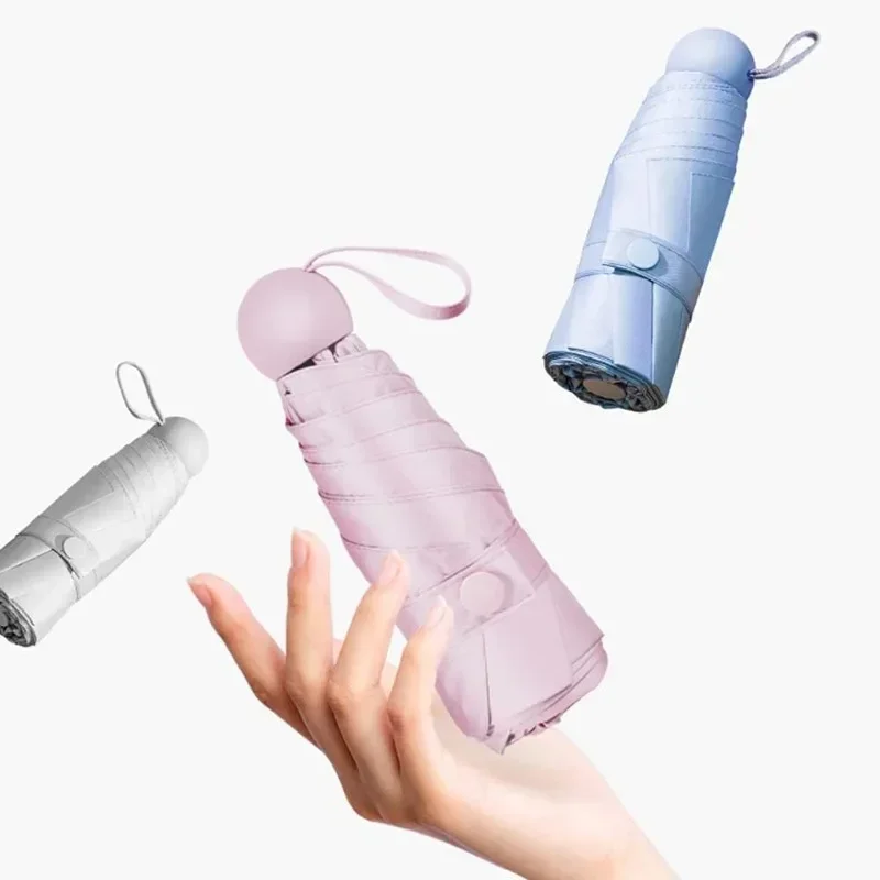 مظلة كبسولة صغيرة الحجم قابلة للطي بخمسة جيب للنساء للمطر والأشعة فوق البنفسجية لون نقي 6 مظلة عظام #3