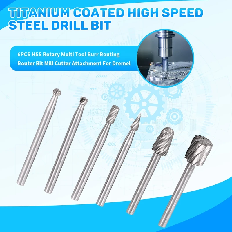 M11K-6PCS HSS Rotary Multi Tool Burr Routing Router Bit Mill Cutter Attachment For Dremel