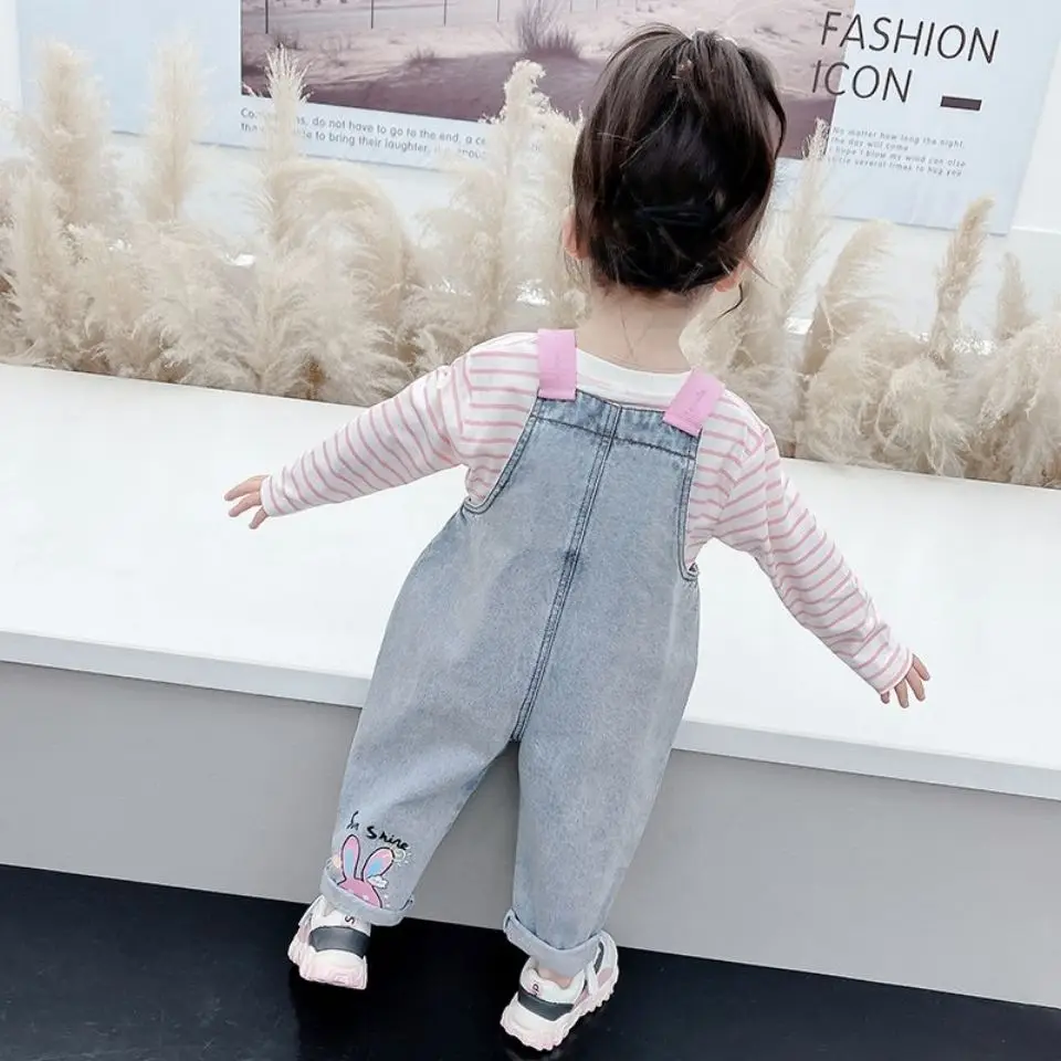 Kids Jeans Casual Jumpsuits Fashion Girls Autumn Clothes Cute Wings Cartoon Baby Overalls Denim Suspender Pants Toddler Rompers