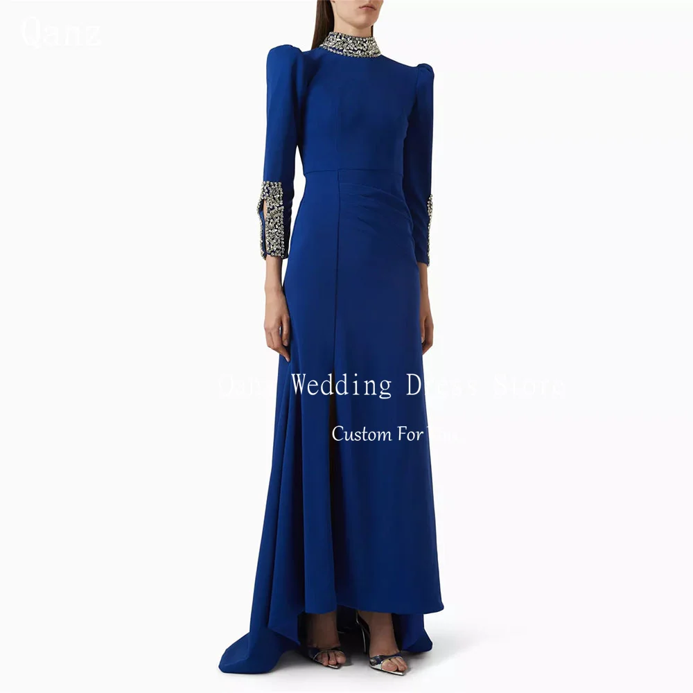 

Qanz Royal Blue Dubai Evening Dresses for Women Crysatl High Leg Slit Satin Vestidos De Fiesta Mermaid Long Sleeves Prom Dresse