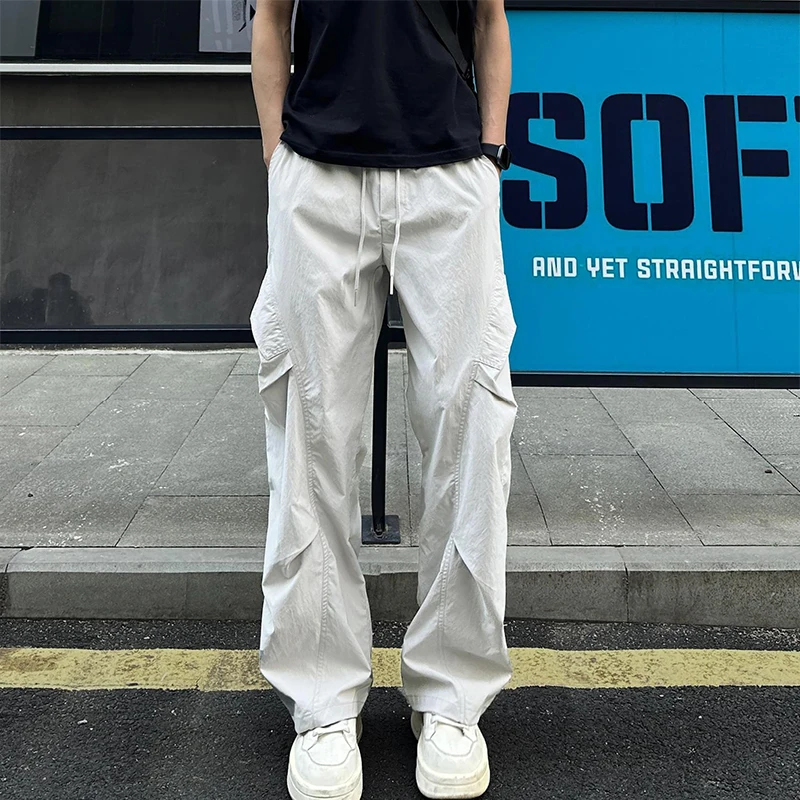 

New High Street Pants Mens Casual Straight Trousers Wrinkled Trendy Streetwear Summer Lightweight Essentials Couple Cool Pants
