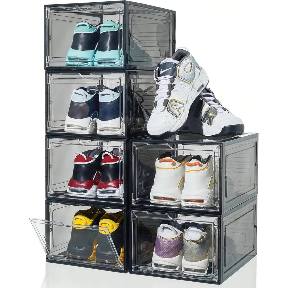 6 12 Pack Shoe Rack Clear Stackable Shoe Organizer Hard Sturdy Shoe Storage Thickened Plastic Shoe Boxes For Closet, Fit US Siz