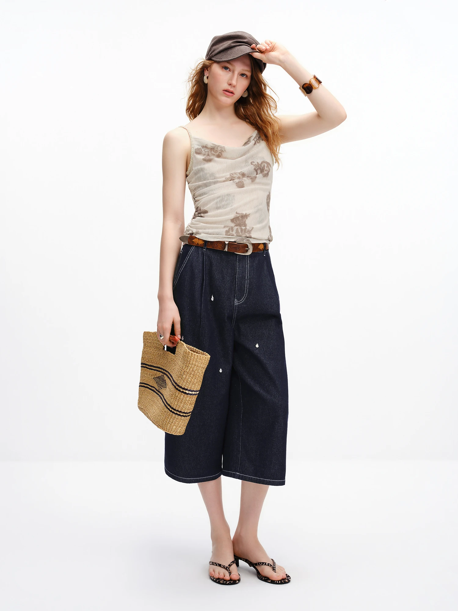 FSLE 【Premium Series】 Women's 2026 Summer New Arrival Vintage Print Slim Camisole Draped Neck Elegant Sleeveless Cool Top