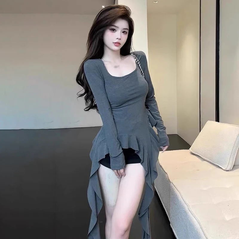 Square Neck Thin Long Sleeve T-shirt Women Tops Sexy Irregular Y2k Top Spring