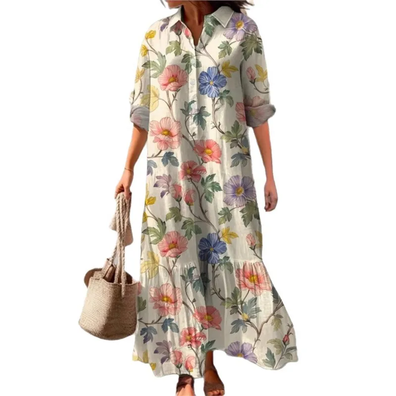 

Retro Fashion Print Women's Long Dress Spring Foreign Style Flip Collar Single Breasted Cardigan Dresses Lady Casual Streetwear