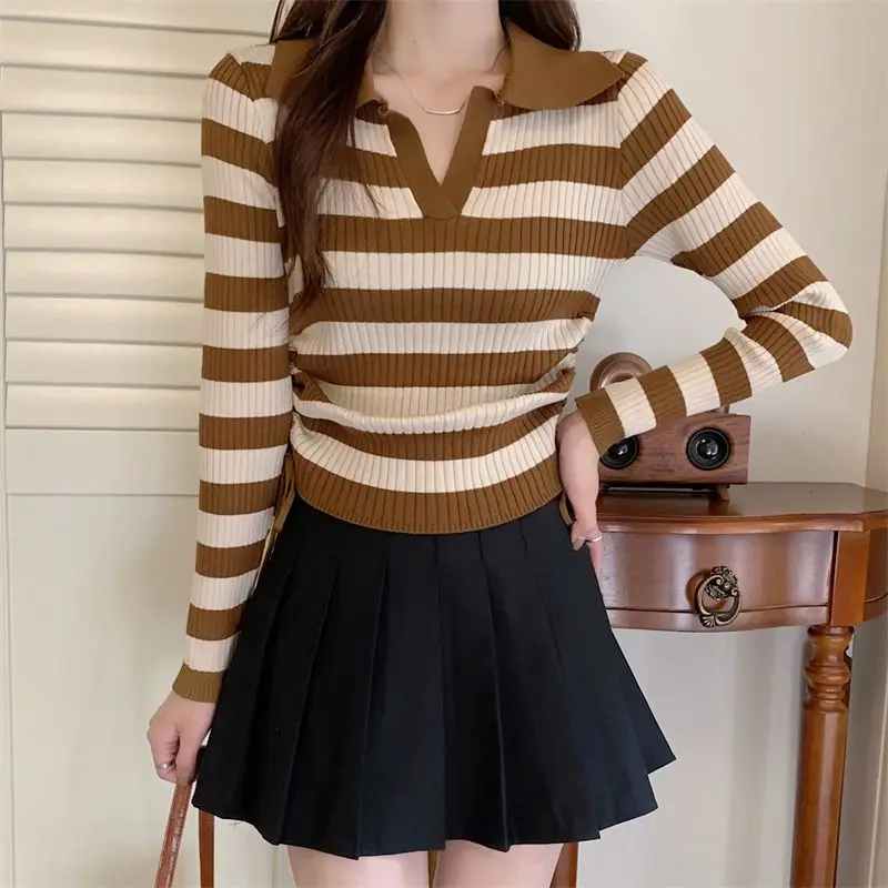 Korean Version Polo Collar Striped Drawstring Pleats Gentle Temperament Design Sense Knitted Sweater Flesh Covering Top Women