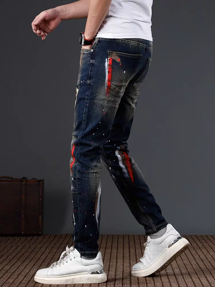 Pantaloni casual da uomo slim fit elastici pesanti di fascia alta fiti Paint Splitting Jeans denim autunno inverno di marca alla moda