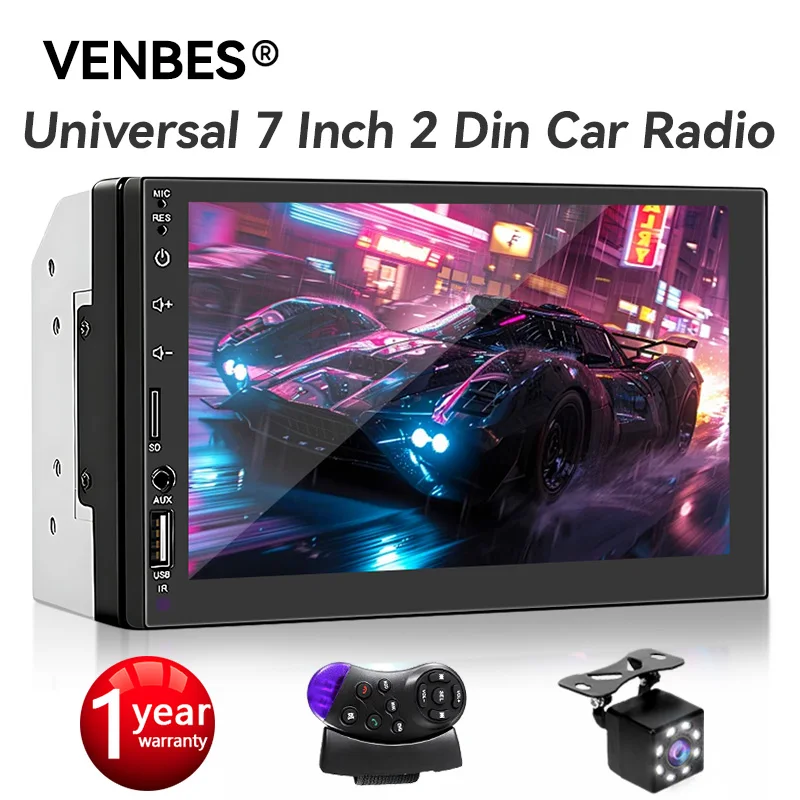 

VENBES Car Radio MirrorLink 2 Din Touchscreen 7 Inch Multimedia Player Bluetooth Reversing CVBS Camera USB TF FM