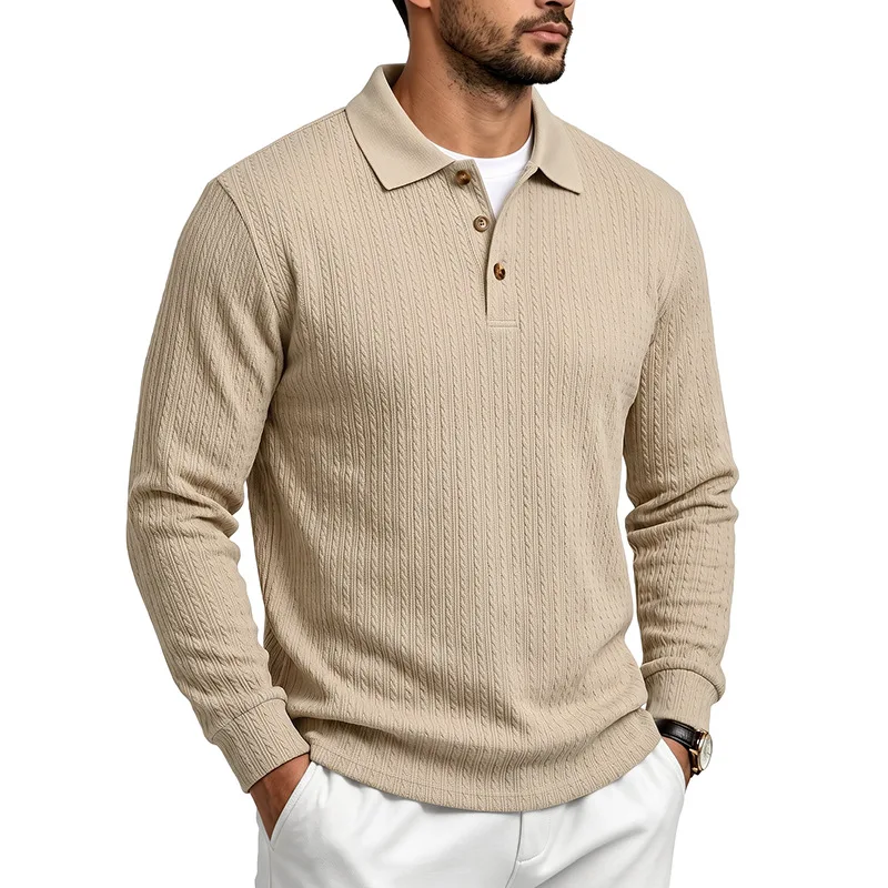 Herren Herbst-Winter US-Größe Jacquard Schlangenmuster Langarm-Poloshirt, Lässiges Einfaches Revers-Unterhemd – Detail 9