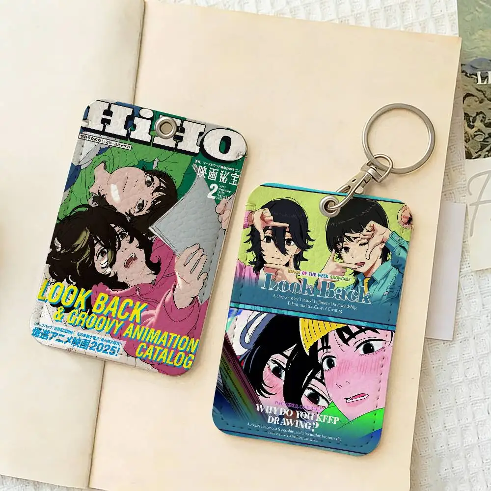 Anime Look Back Rectangle ID Card Case Keychain Access Card Bag Key Tag Ring Leather Card Holder Key Ring Access