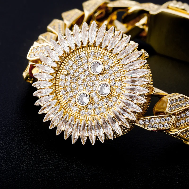 Iced Out Sunflower Spinner Miami Cuban Link Bracelet Watch Clasp Hip Hop Punk Full Paved CZ Jewelry for Men Women