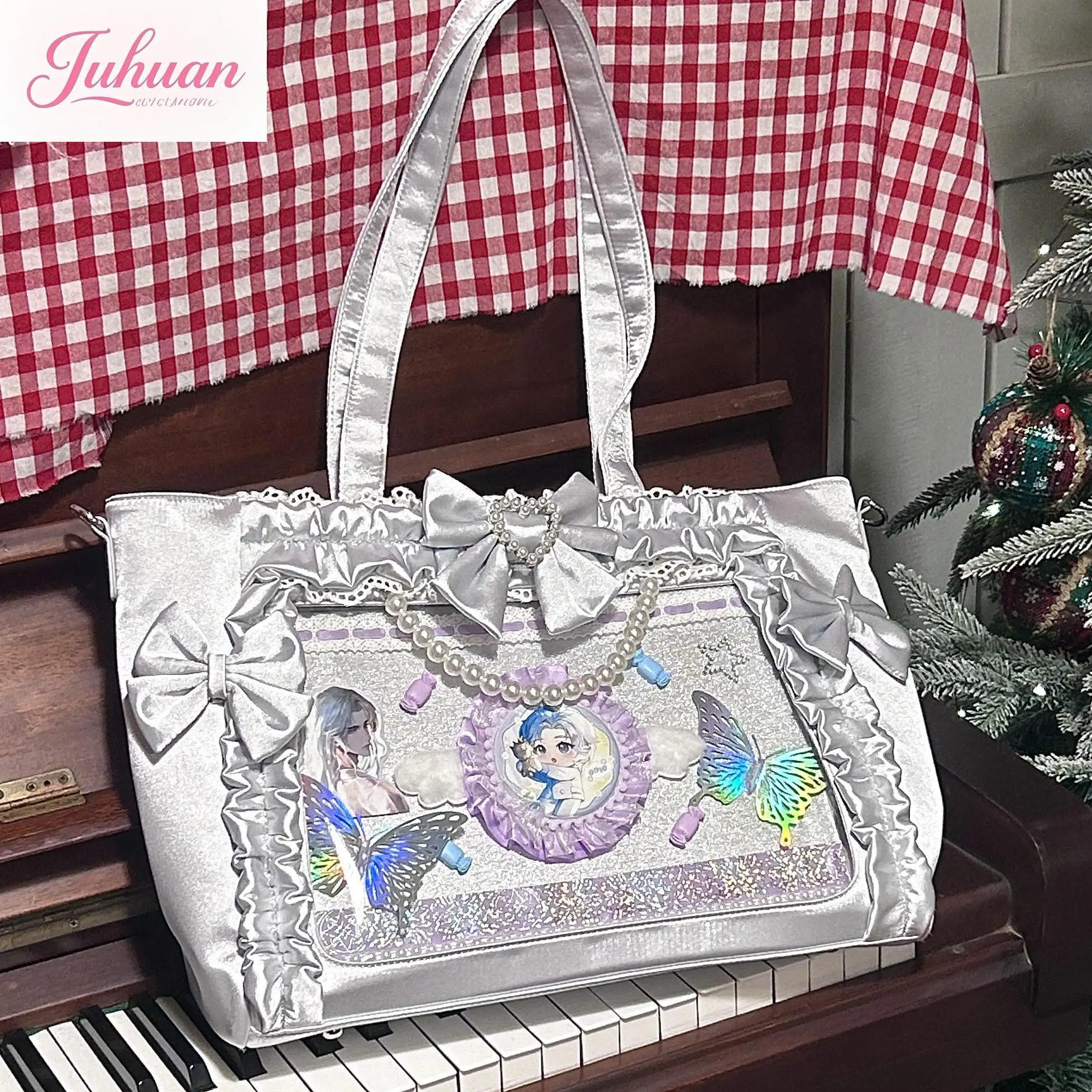 Japanese Lolita Satin Frilly Bow Pearl Lace Tote Bag women Sweet Large Capacity College Style Lta Bag Shoulder Handbag Ladies - Image 2