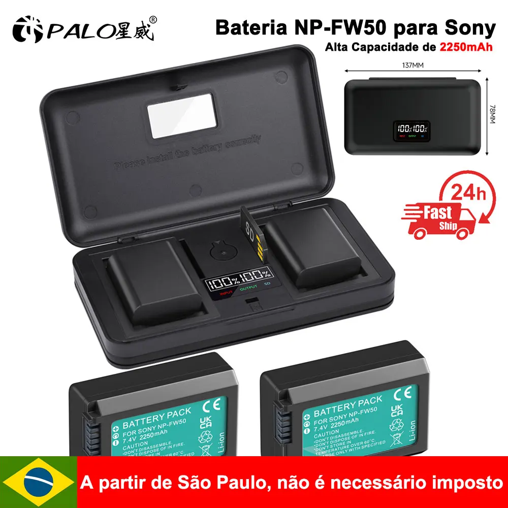 Bateria de câmera 2250mAh NP-FW50 NPFW50 + estojo carregador LCD para Sony ZV-E10 Alpha A6400 A6000 A6300 A6500 A5100 A7 A7II A7