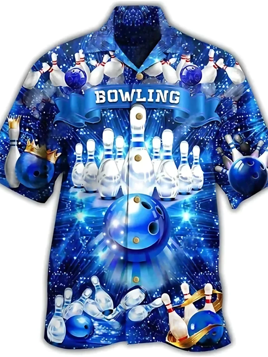 

Mens Bowling Print Short Sleeve Casual Shirt Summer Vintage 3D Design