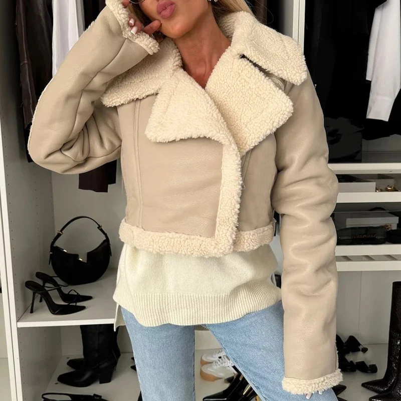 Herfst Elegante Revers Kraag Leren Jassen Vrouwen Causale Lange Mouwen Effen Shorts Wollen Jassen Winter Mode Dikke PU Outwears