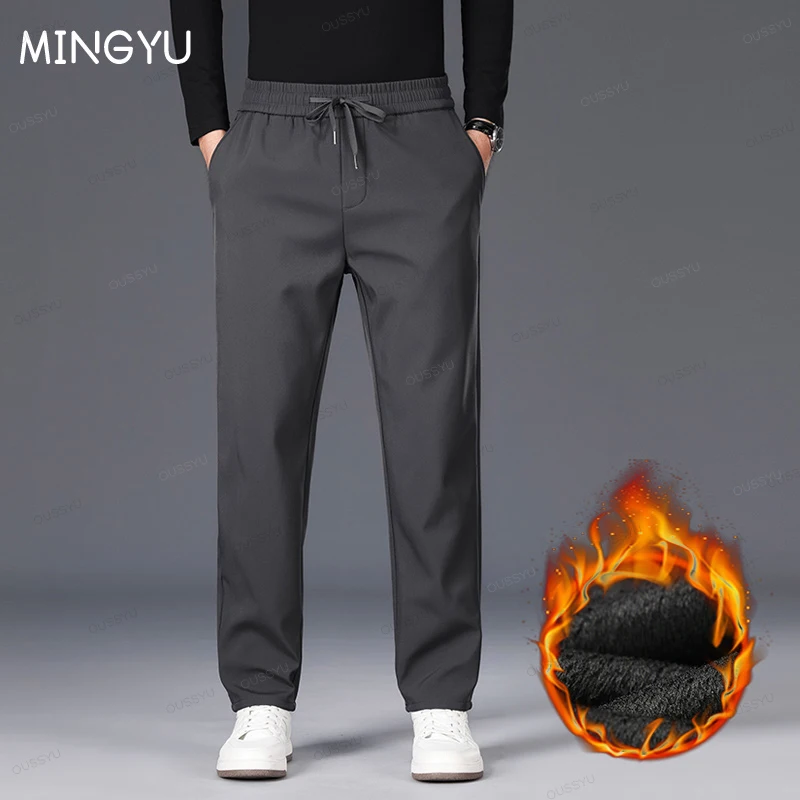 Brand Clothing Winter Fleece Warm Casual Pants Men Business Drawstring Elastic Waist Outdoors Jogging Straight Flocking Trousers