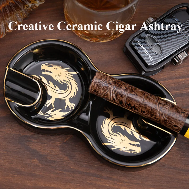 Ceramic Cigar Ashtray Creative Dragon Pattern Double Slot Portable Vintage Desktop Decoration Cigar Ashtray Gift