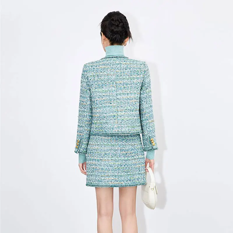 Light blue coarse woolen 2-piece set jacket+skirt 2026 new small fragrant style autumn/winter women's clothing