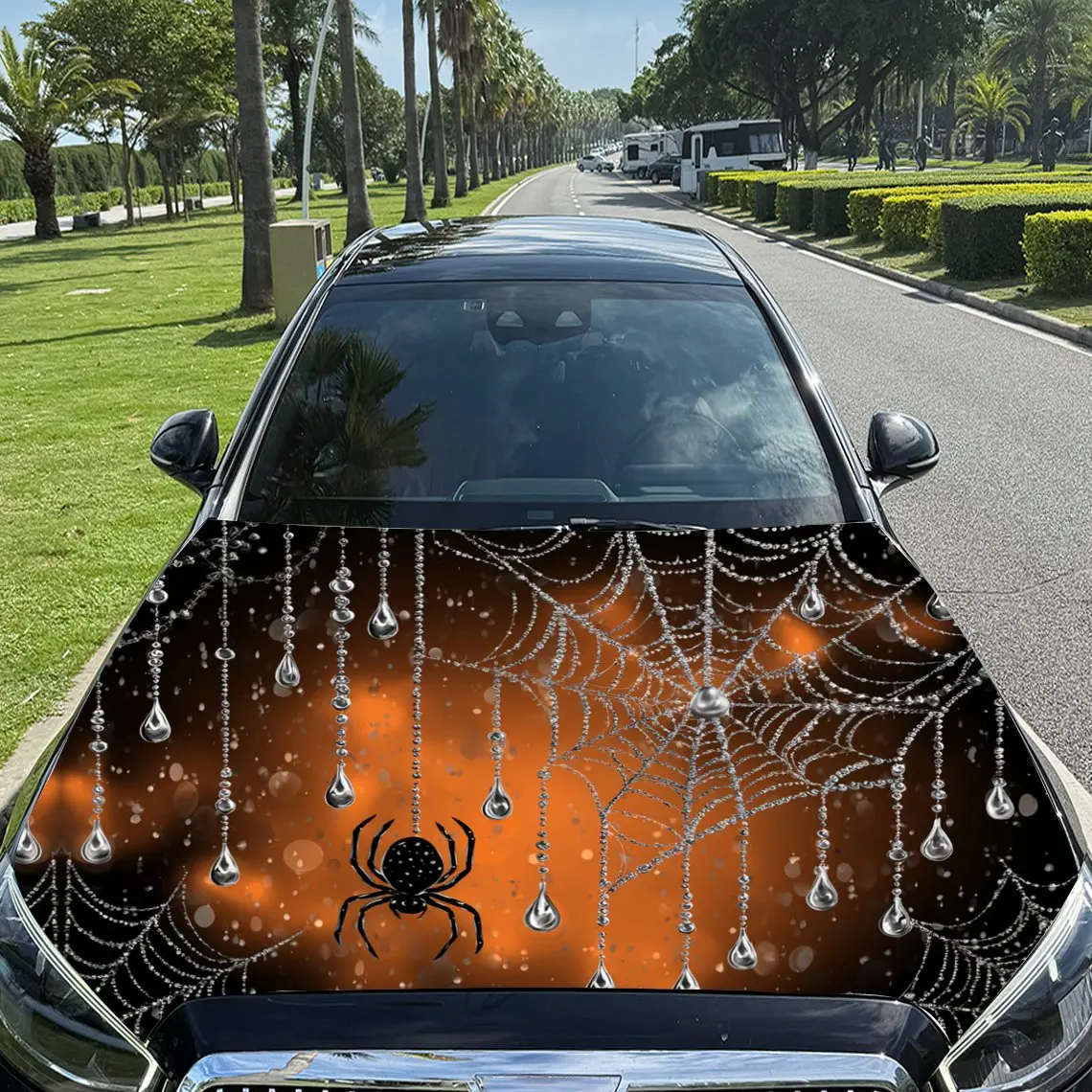 

Halloween Style Spider Web and Spider Car Vinyl Wrap, PVC Material Waterproof Car Hood Sticker, Self-Adhesive Scratch-Resistant