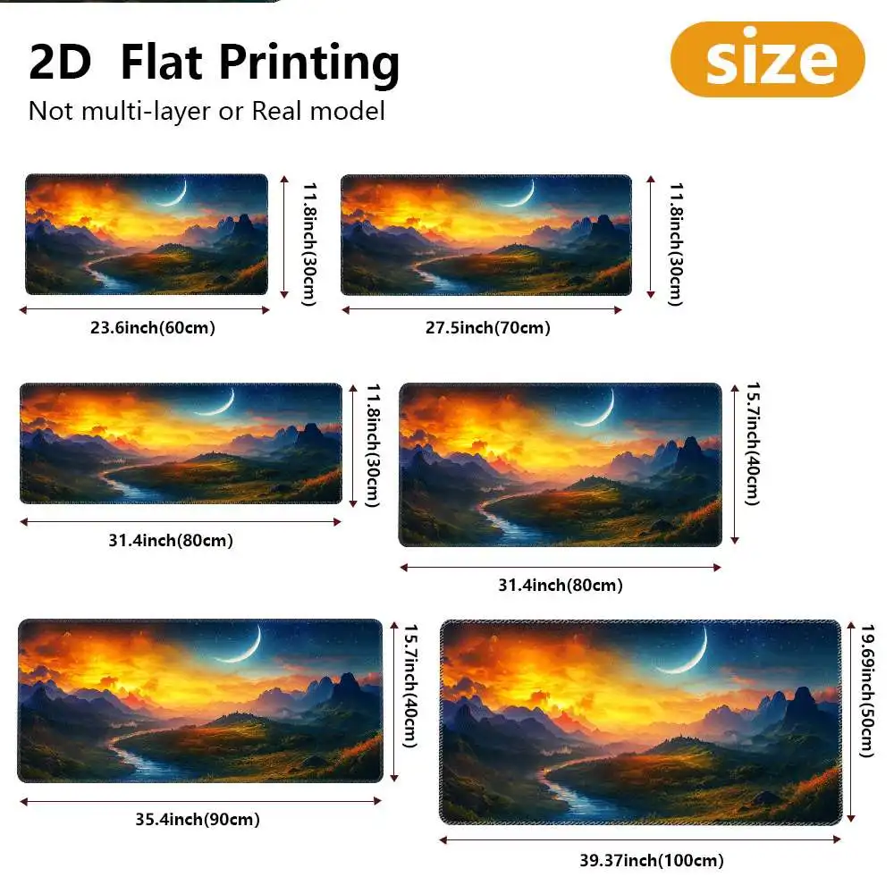 Mountain Crescent Moon Sunset Extended Gaming Mouse Pad Non-Slip Rubber Desk Mat For Home Office