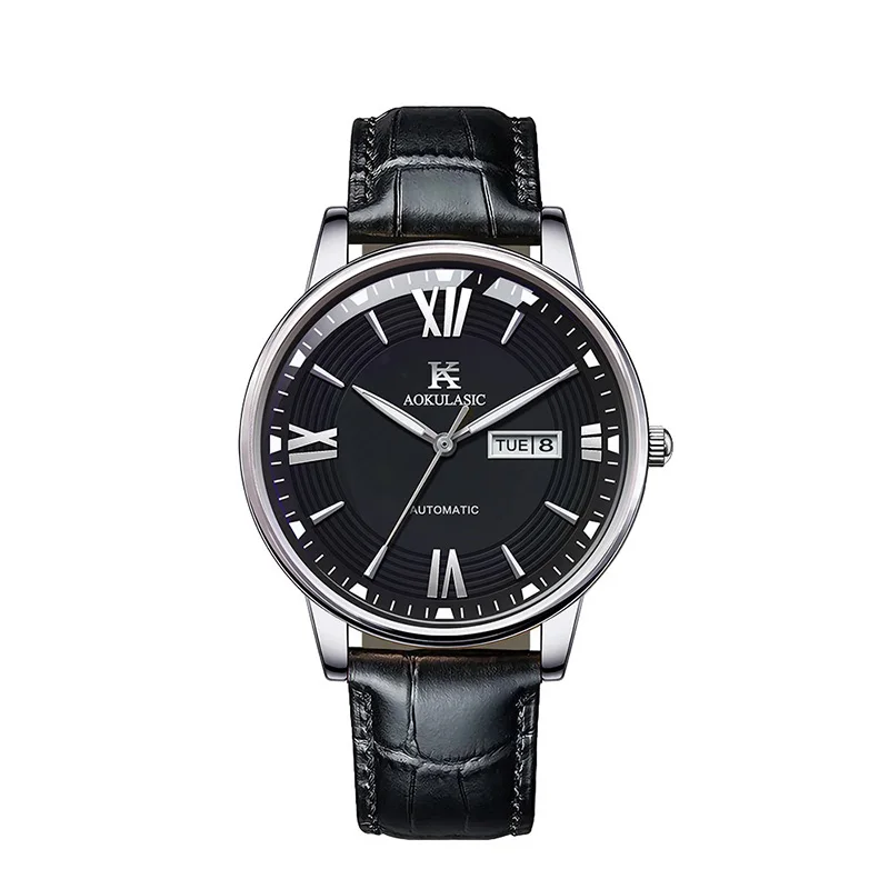 Men Automatic Mechanical Ultra Thin Business Watch Luminous Date Day Display Screw Crown 30m Water Resistant 40.5mm Large Dial