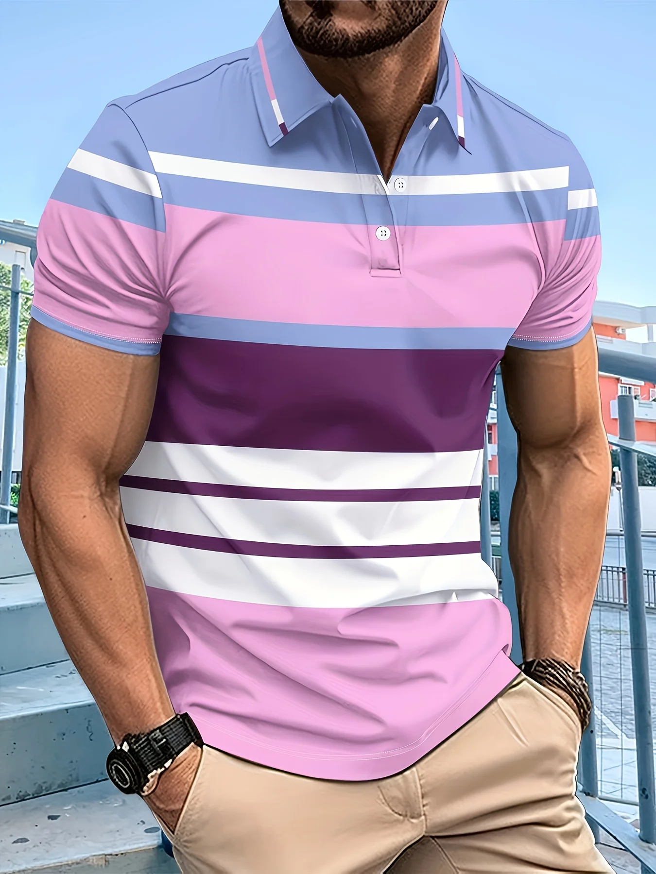 Men's summer best-selling simple striped pattern printed short-sleeved polo shirt for outdoor casual wear and fashion