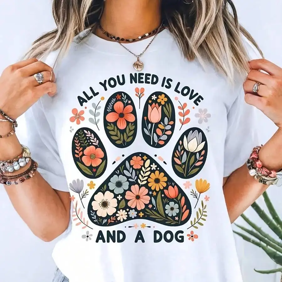 Floral Paw Print Dog Lover Graphic Casual T‑Shirt Crew Neck Short Sleeve Tee Warm Present For Animal Rescuer Pet Lovers Daily Tops
