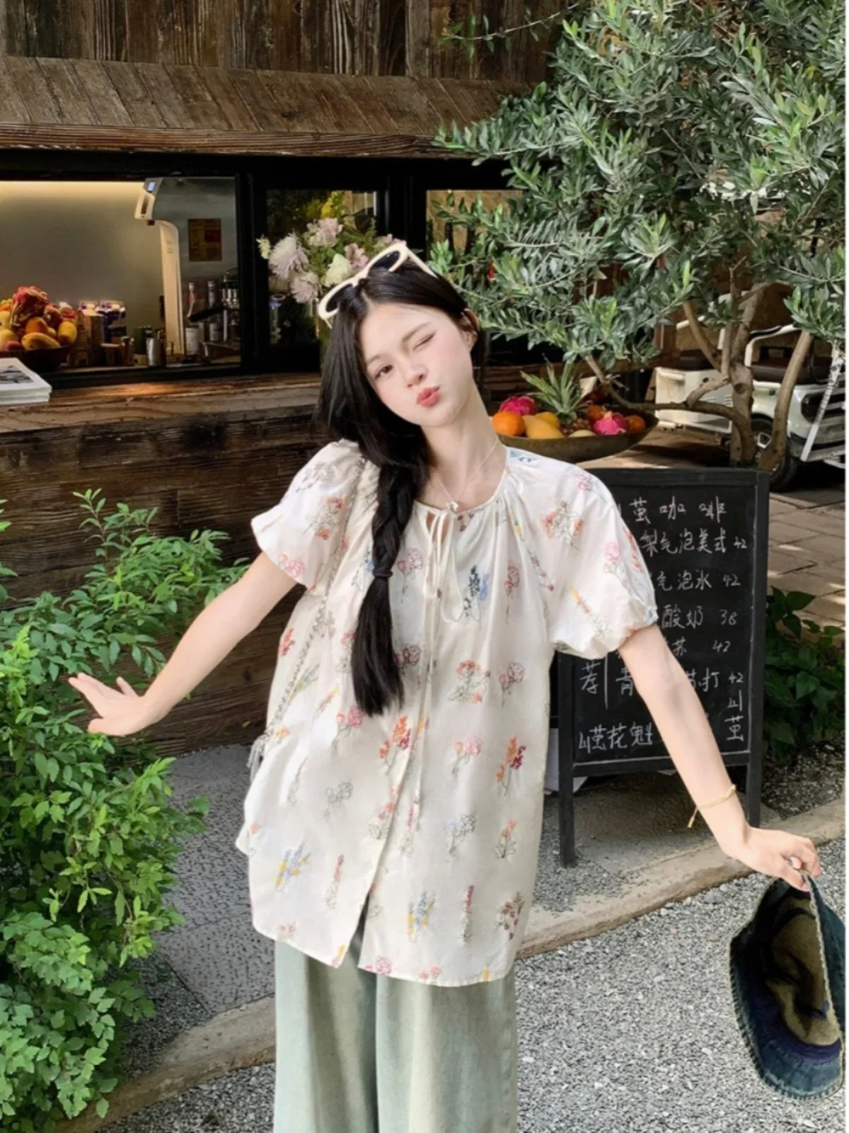 Gagarich Fashion Women Design Flower Embroidery Tie Up Short Sleeved Shirt Women Summer 2024 New Niche Loose Midi Blouse Top