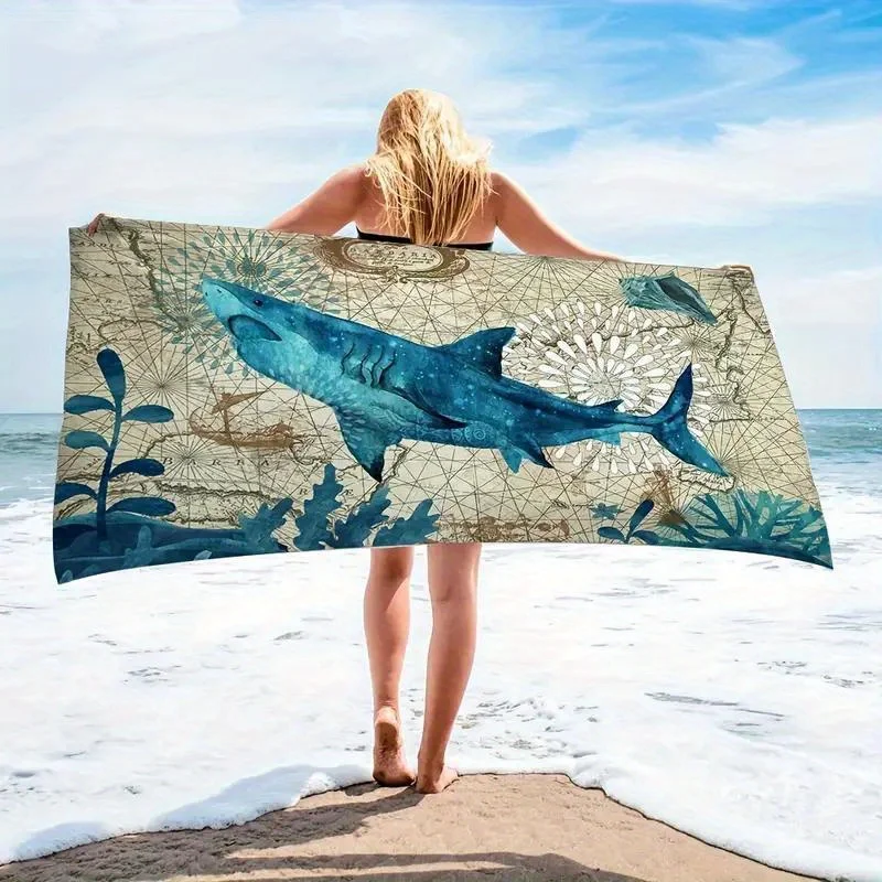Large Shark Print Beach Towel, Vintage Map Design, Quick Dry Microfiber, Sand Free, Perfect for Beach, Pool, Travel