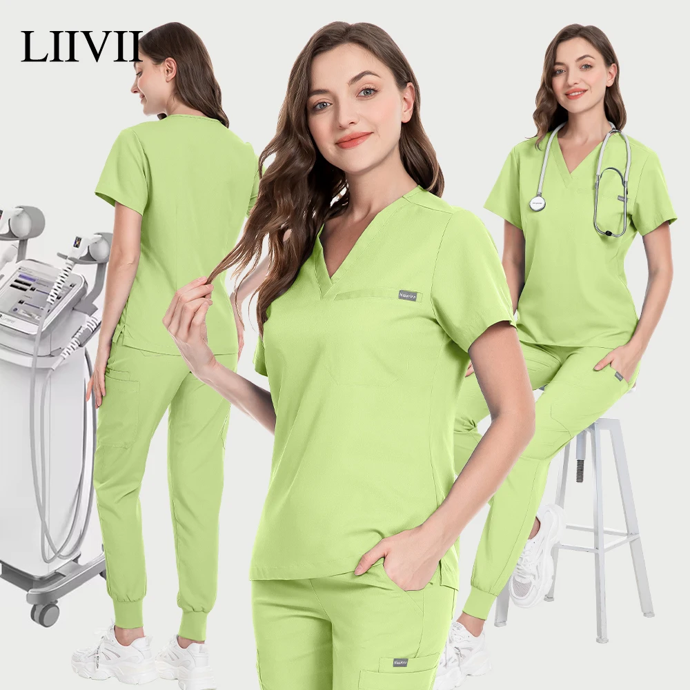 

Fluorescent Green Scrub Uniform Pocket Top+jogger Pant Surgical Nursing Clothes Women Men Multicolor Pet Doctor Medical Workwear