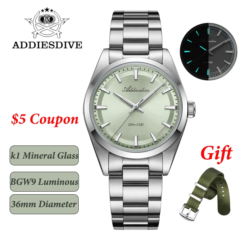 Addiesdive AD2066 Quartz Watch VH31 Movement K1 Mineral Glass Crystal 316L Stainless Steel BGW-9 Blue Luminou 36mm Reloj Hombre